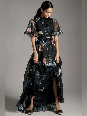MAC DUGGAL SHORT-SLEEVE
FLORAL HIGH-LOW RUFFLED MAXI
DRESS